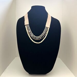 Multi Layered Semi Precious Stone Beaded Leather Strap Necklace, Tan/Grey